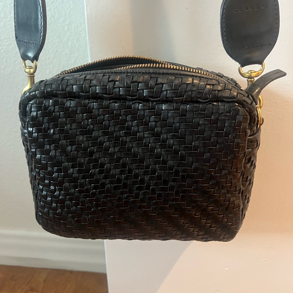 Clare V Black Crossbody Bag with Woven Leather and Zipper Closure